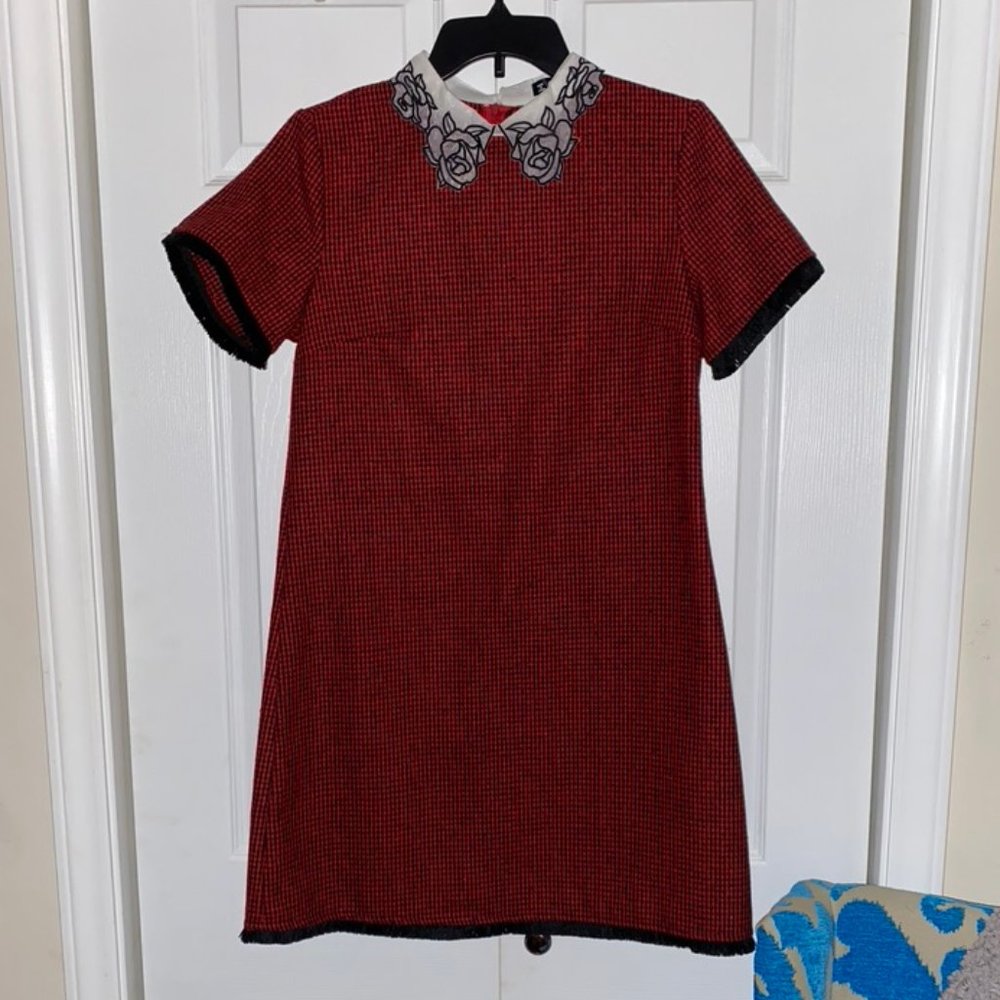 Embroidered Collar Fringe Lace Trim Red Dress